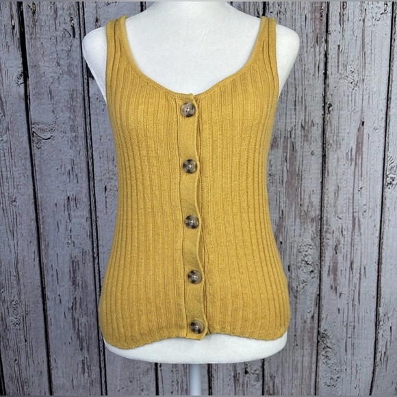 American Eagle Outfitters Tops - American Eagle 70s Boho Chic Sz Large Button Front Yellow Ribbed Sweater Crop